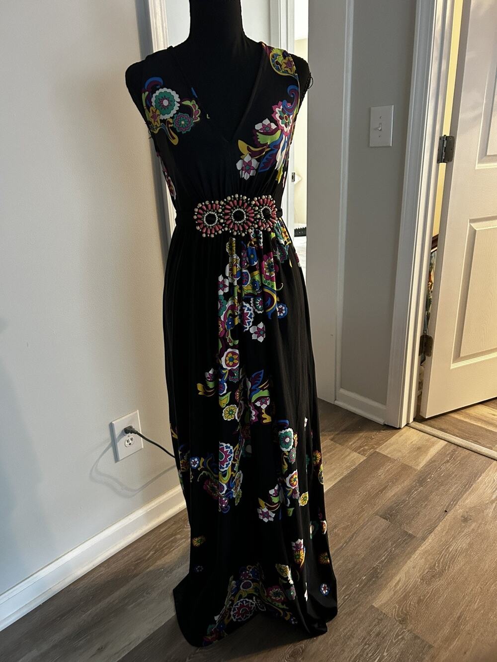 ECI New York Black Sleeveless Embellished Beaded Dress Boho Tie Back Sz Lg